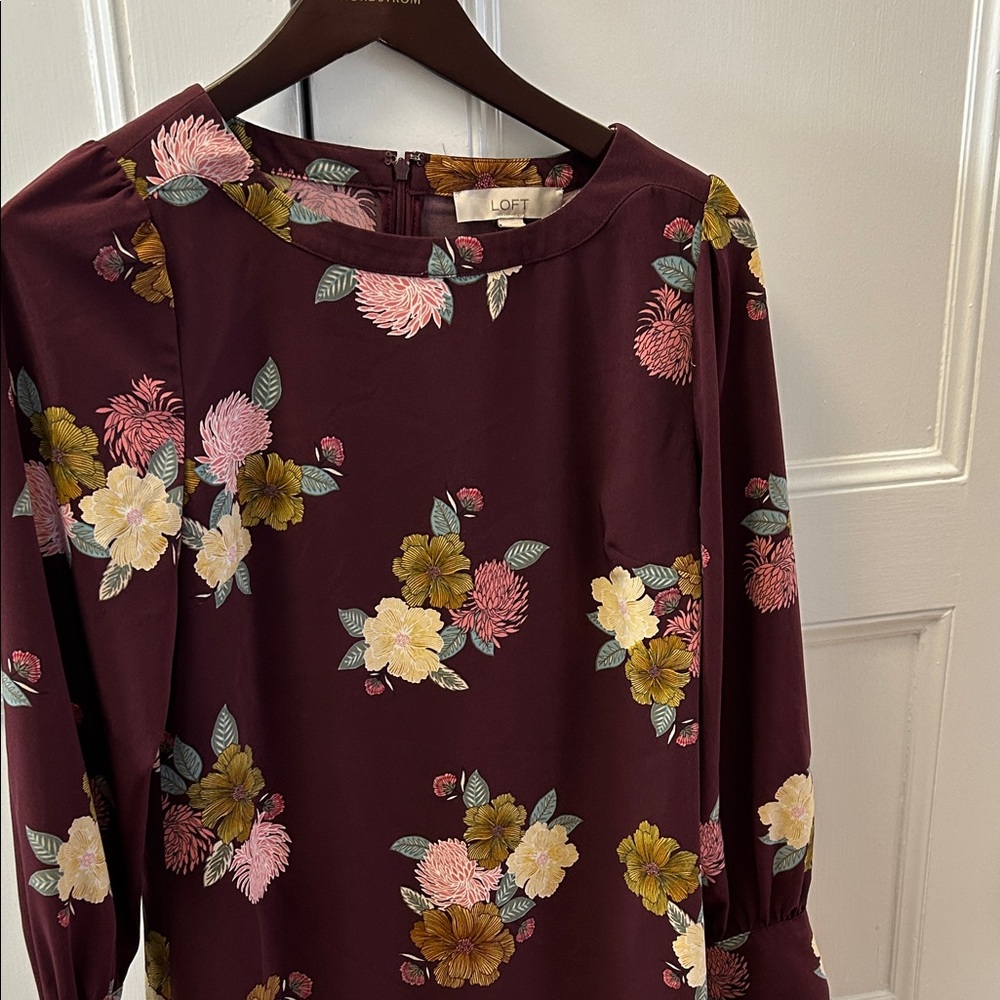 LOFT Burgundy Floral Dress with Long Sleeves